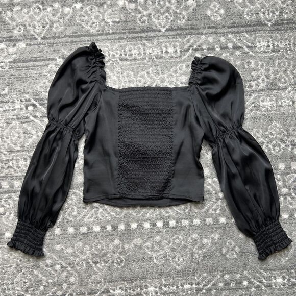 Black Satin Corset Style Cropped Puff Sleeve Top Size XXXS Whimsygoth Fairy - Picture 8 of 8